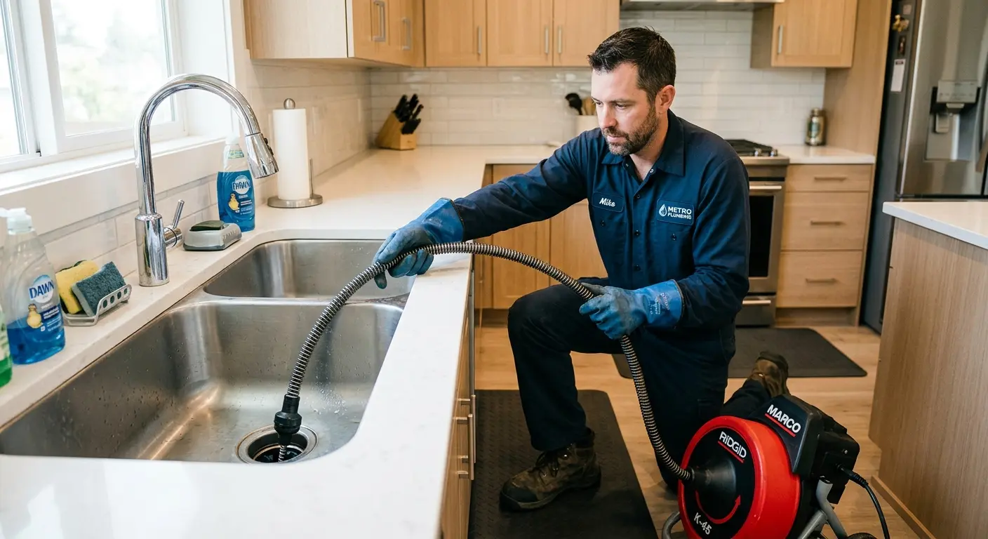 Drain cleaning technician using a motorized snake on a kitchen sink in Fontana