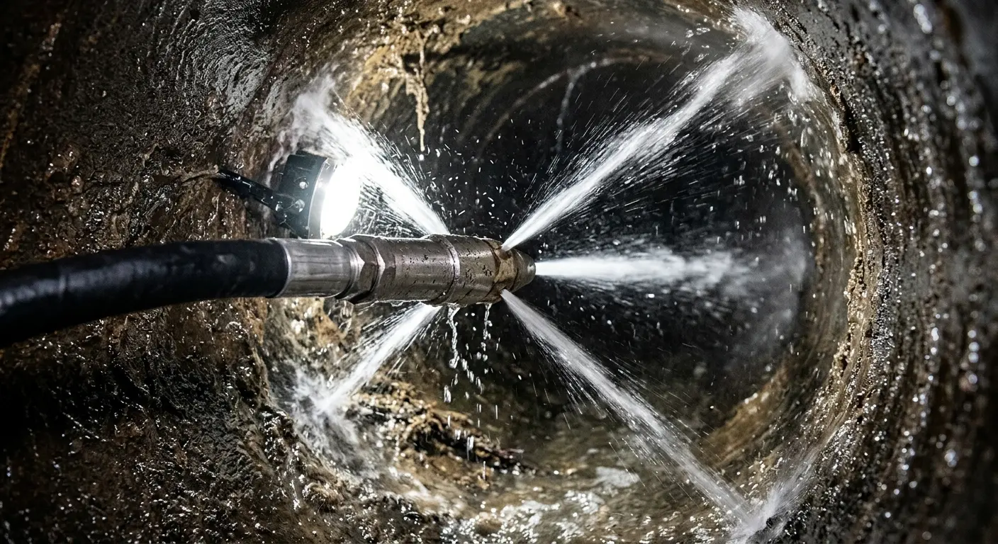 High-pressure hydro jetting nozzle cleaning sewer pipe for Sewer Cleanout in Fontana