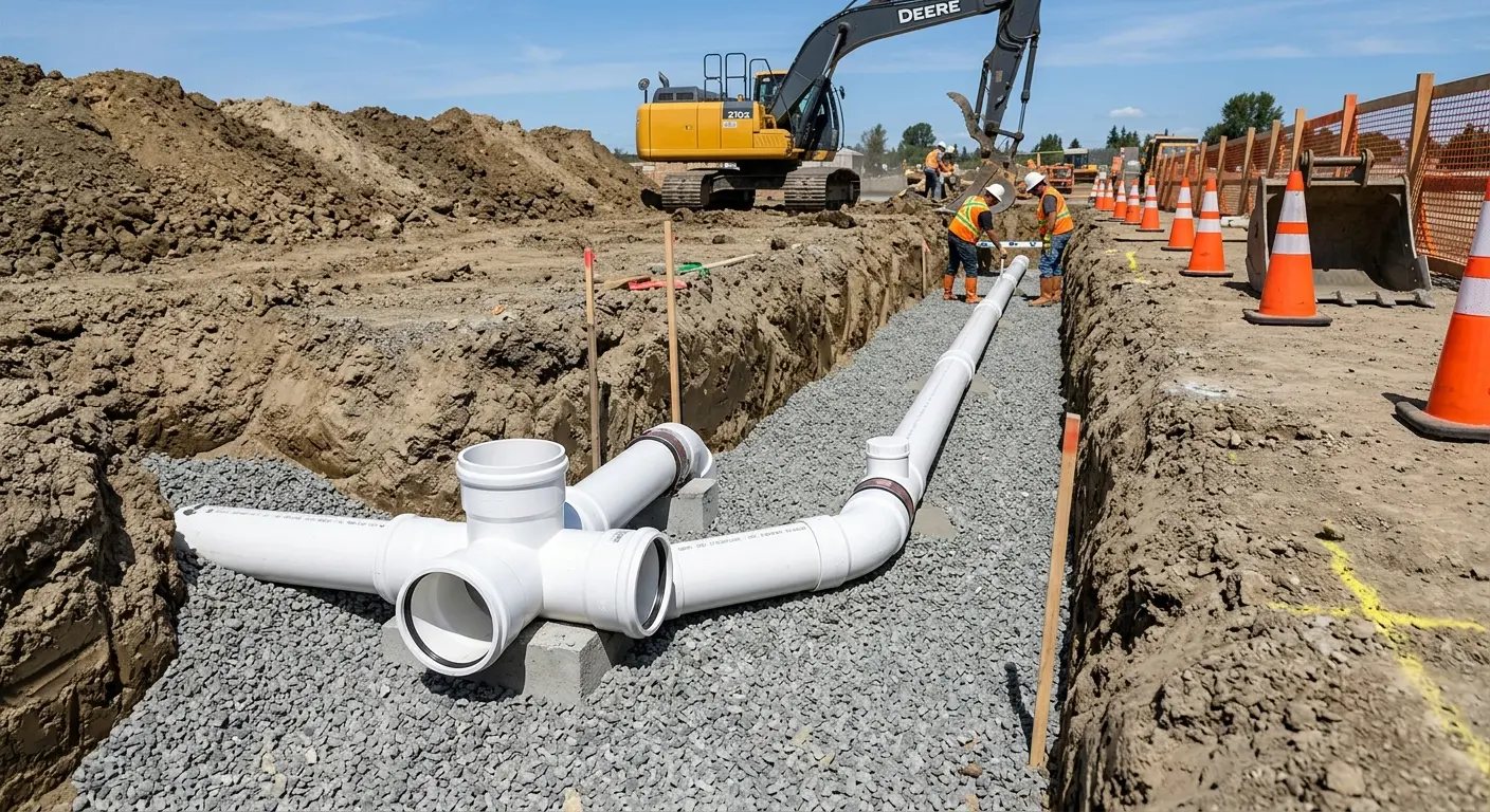 New PVC sewer pipe installation in open trench for Sewer Backup in Fontana
